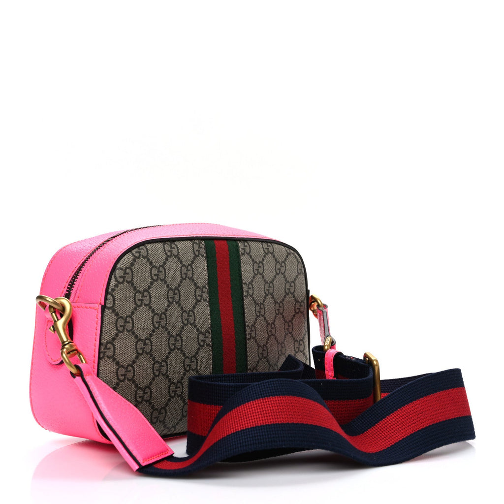 Gucci GG Supreme Monogram Textured Dollar Calfskin Web Ophidia Small Crossbody Bag Beige Ebony Fuchsia