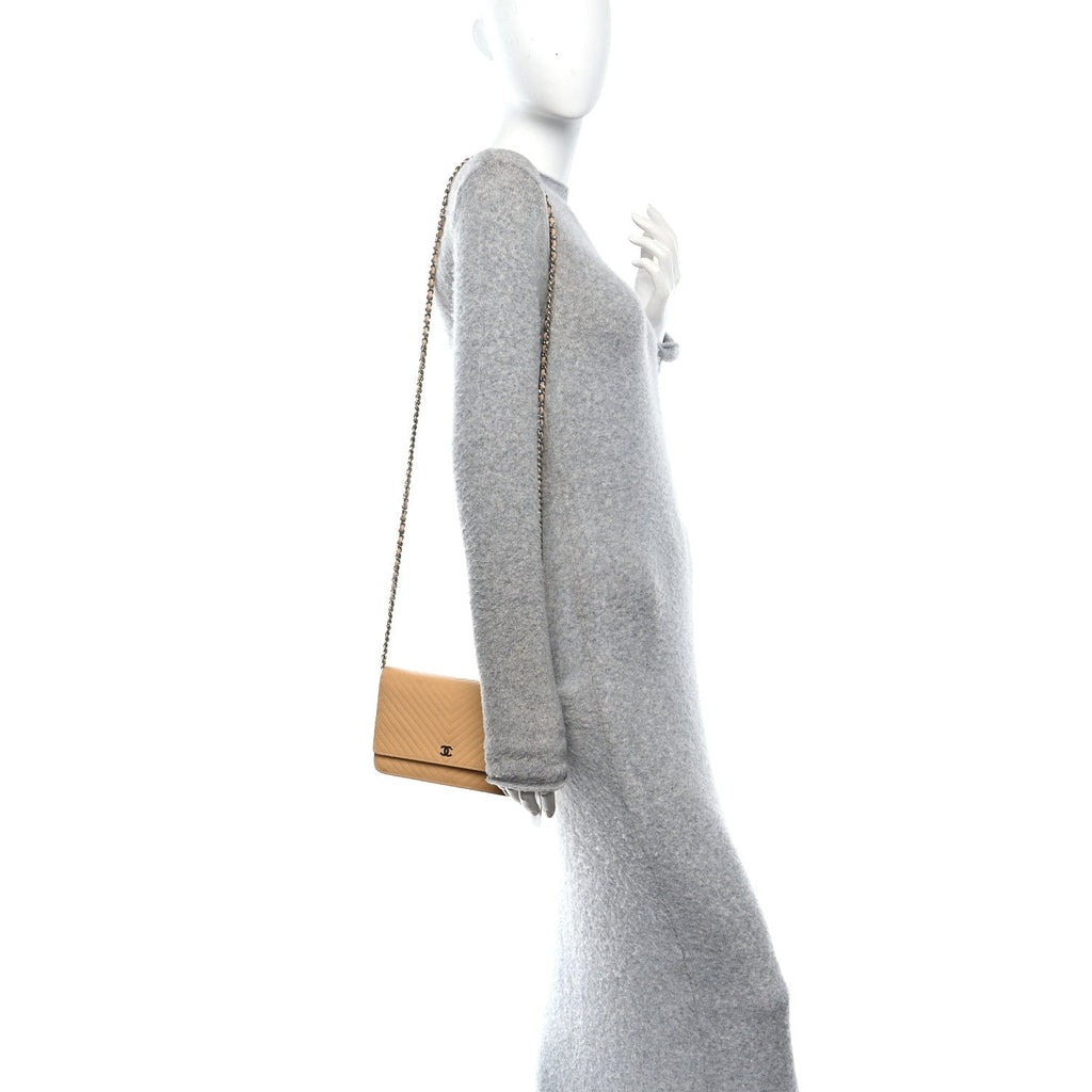 Chanel Patent Calfskin Chevron Quilted Wallet On Chain WOC Beige