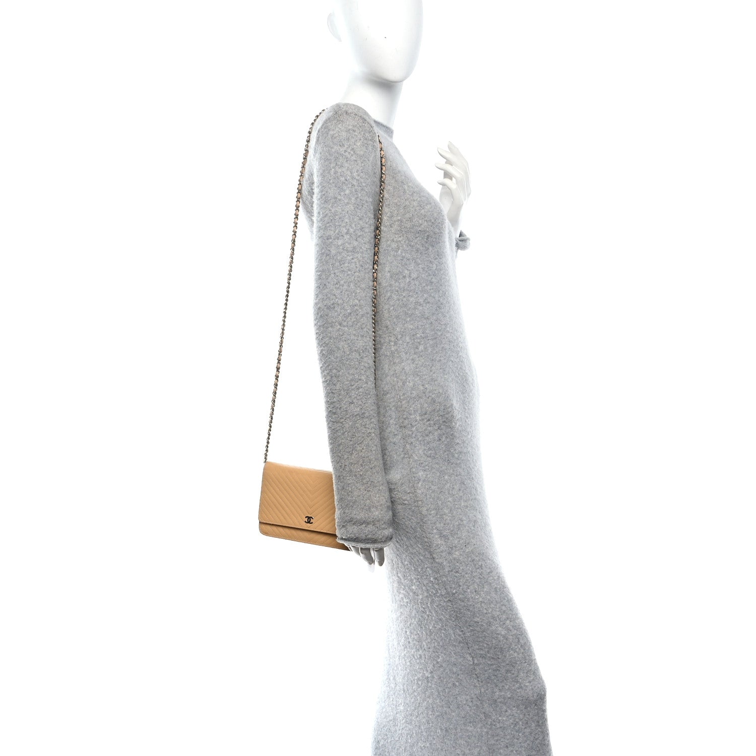 Chanel Patent Calfskin Chevron Quilted Wallet On Chain WOC Beige