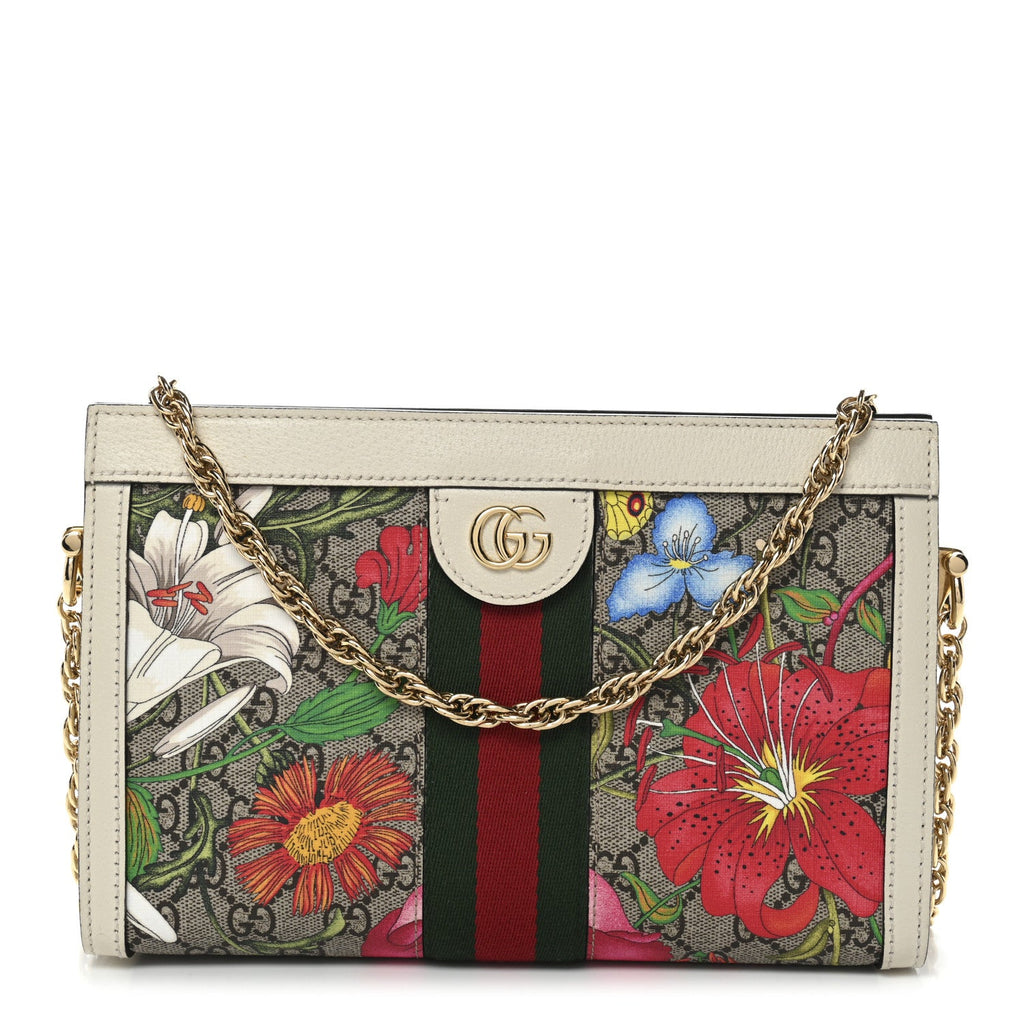 Gucci GG Supreme Monogram Flora Web Small Ophidia Chain Shoulder Bag White