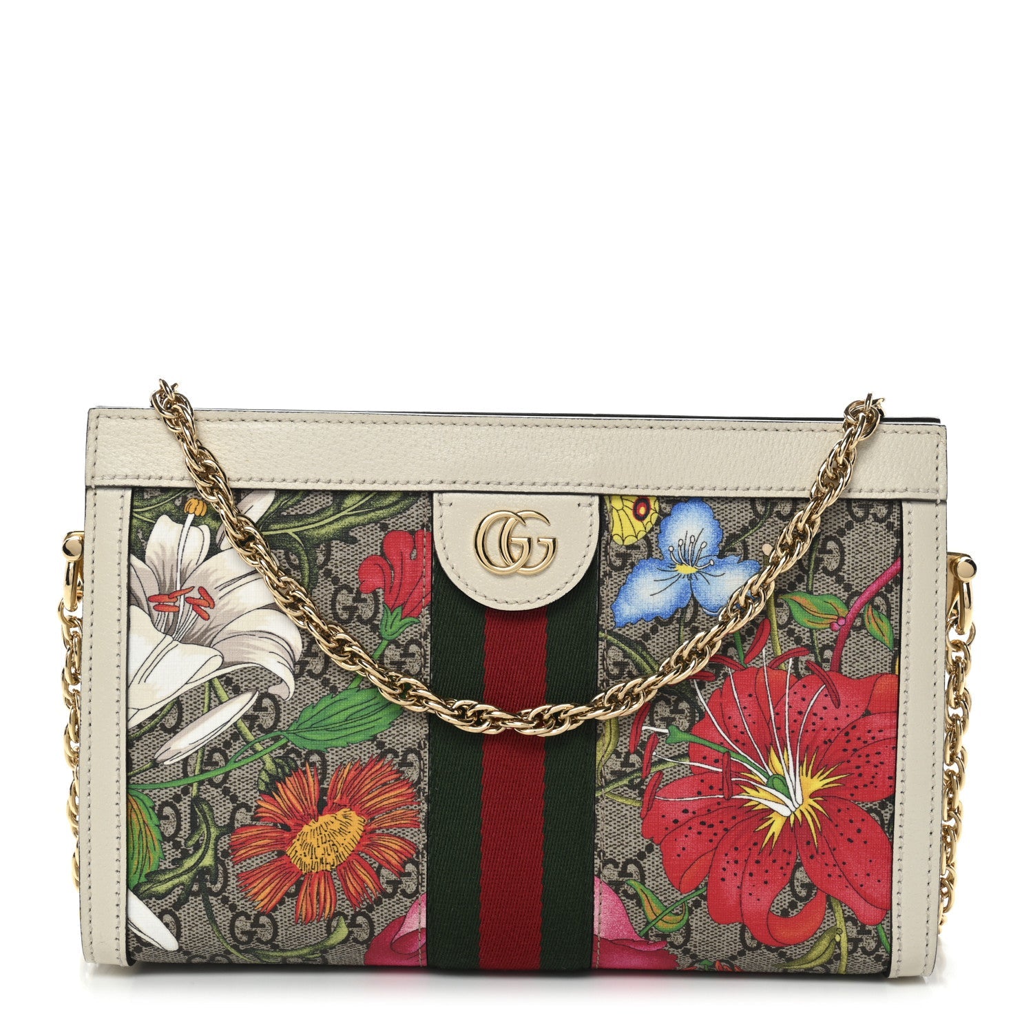 Gucci GG Supreme Monogram Flora Web Small Ophidia Chain Shoulder Bag White
