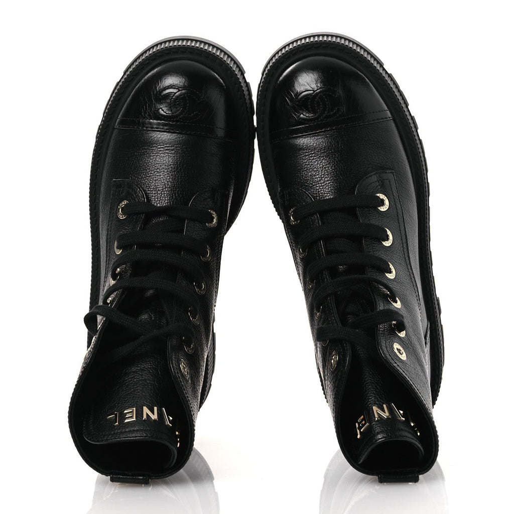 Grained Calfskin Shiny Calfskin CC Lace Up Combat Boots 38.5 Black