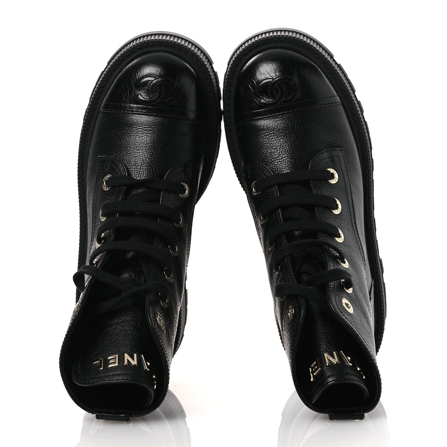 Grained Calfskin Shiny Calfskin CC Lace Up Combat Boots 38.5 Black
