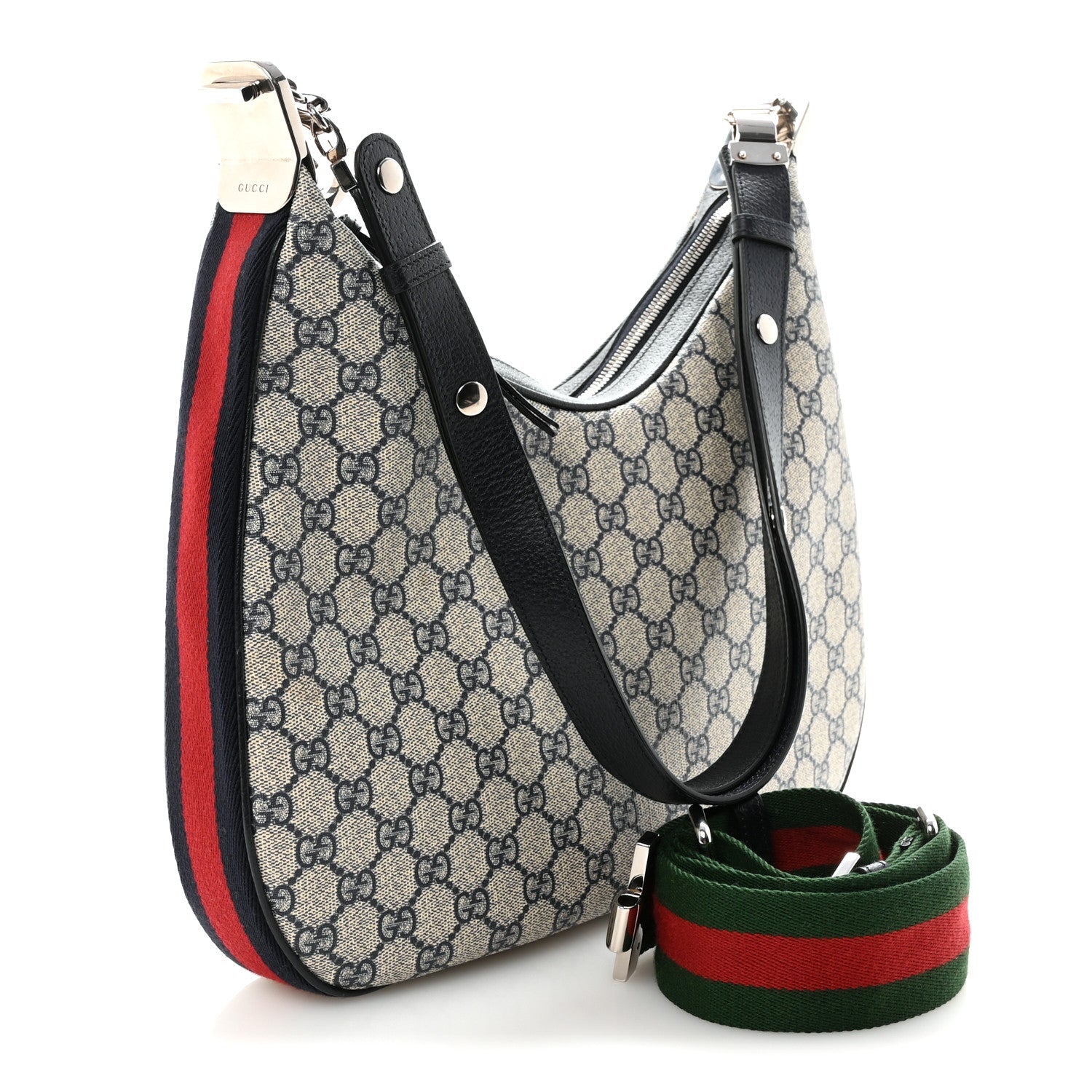 Gucci GG Supreme Monogram Textured Calfskin Web Large Attache Shoulder Bag Beige Blue