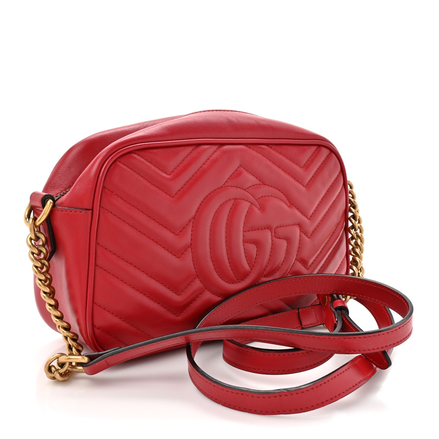 Gucci Calfskin Matelasse Small GG Marmont Chain Shoulder Bag Hibiscus Red