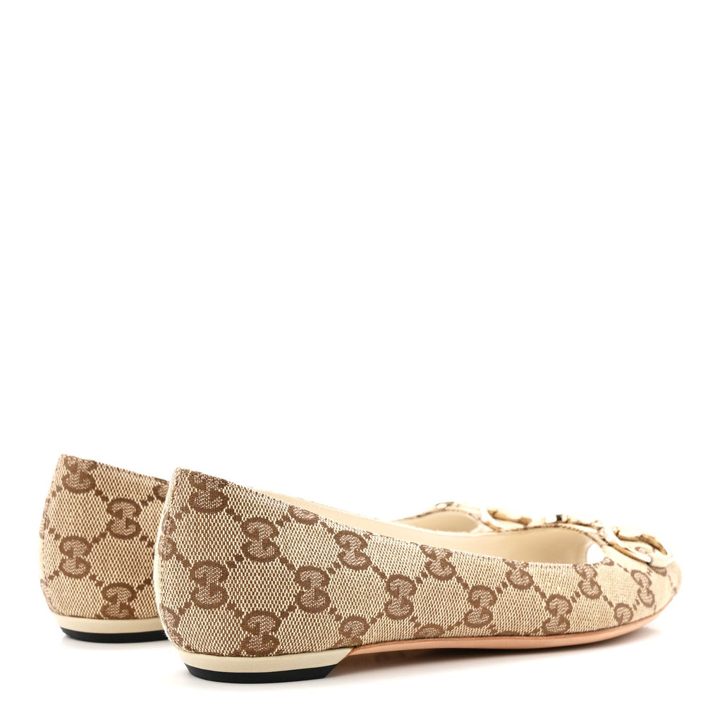 Gucci Monogram Miro Soft Calfskin Womens Horsebit Peep Toe Flats 6 Beige Ebony Mystic White