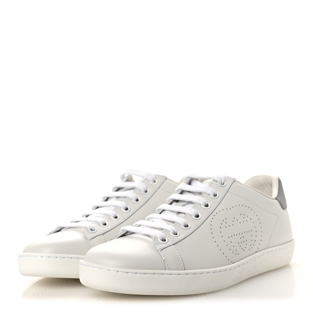 Gucci Calfskin Interlocking G Perforated Womens Ace Sneakers 37 White Grey Sky