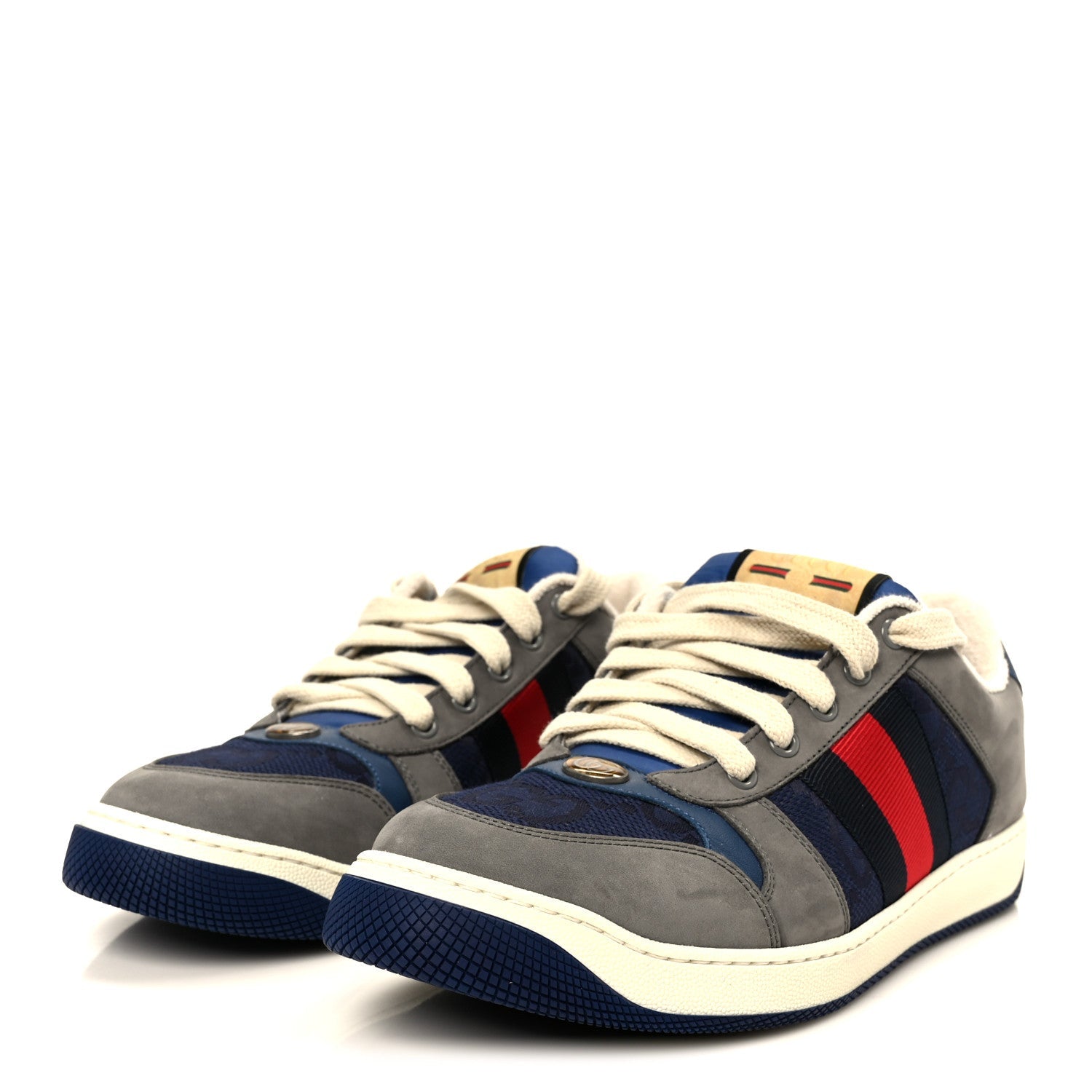 Gucci Suede GG Monogram Calfskin Web Mens Screener Sneakers 9 Grey Blue Red