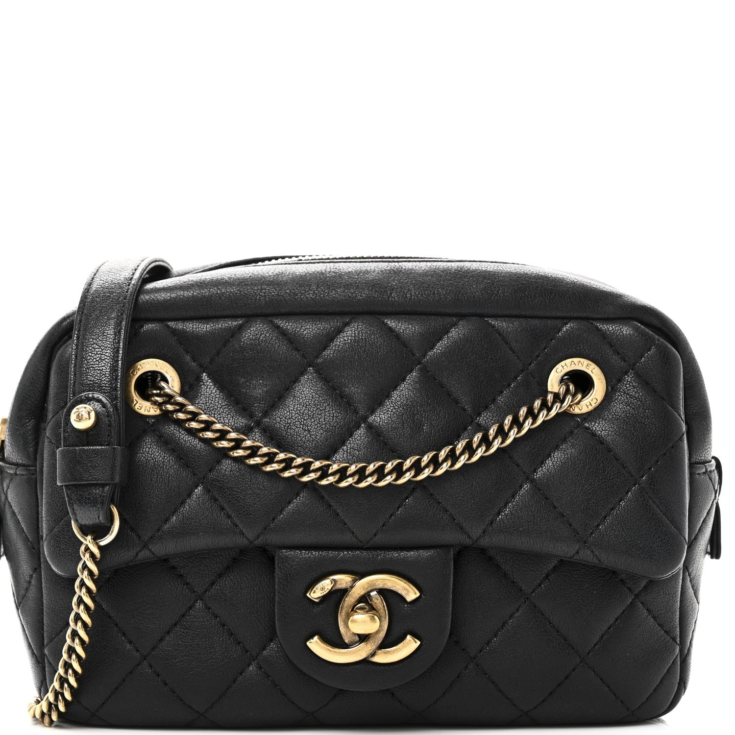Chanel Sheepskin Quilted Trapezio Camera Case Black