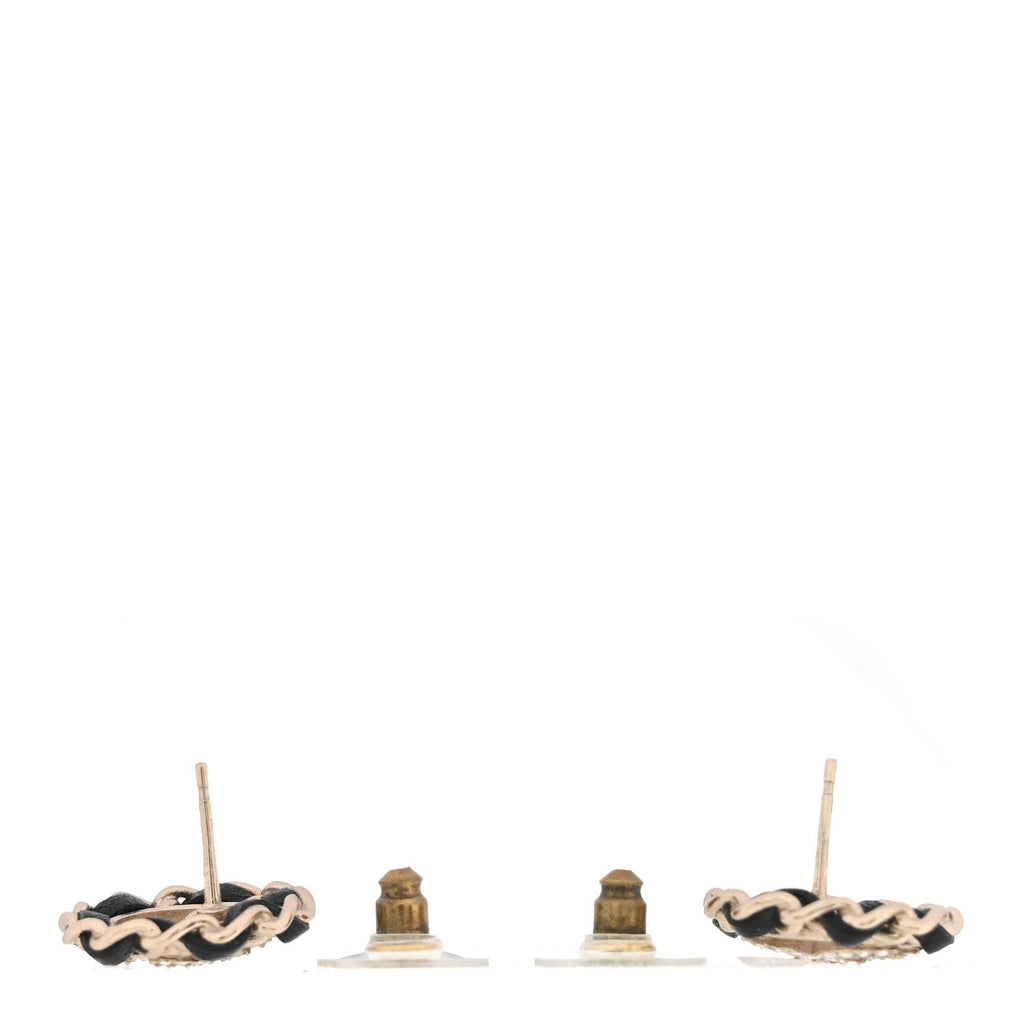 Crystal Lambskin Chain CC Stud Earrings Black Gold