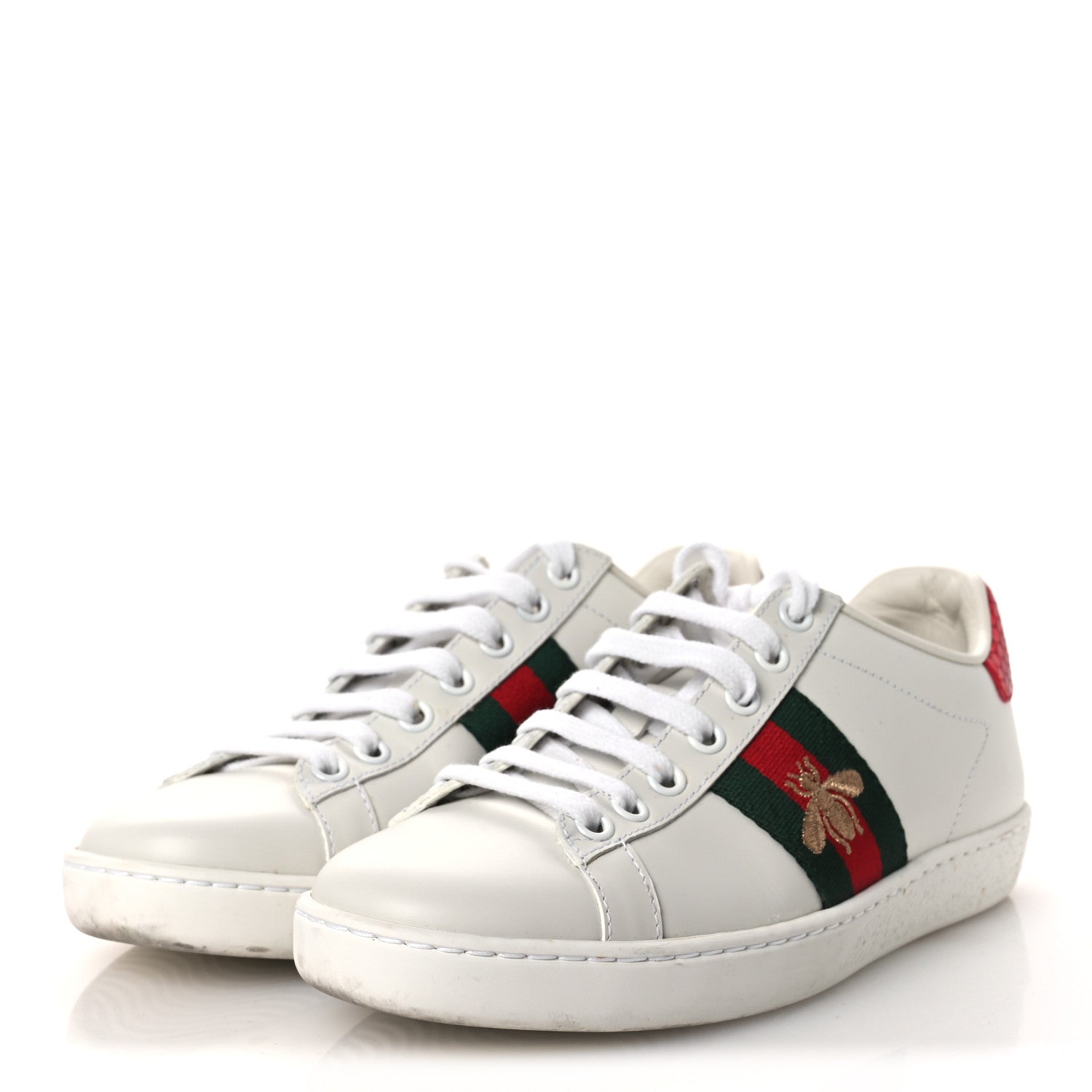 Gucci Calfskin Ayers Bee Embroidered Womens Ace Sneakers 35 White Green