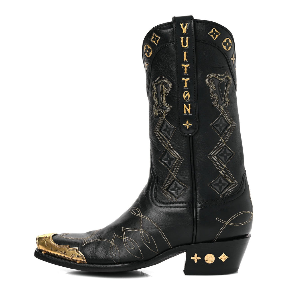 Louis Vuitton Calfskin LV Texan Mens Rider Boots 7.5 Black Gold