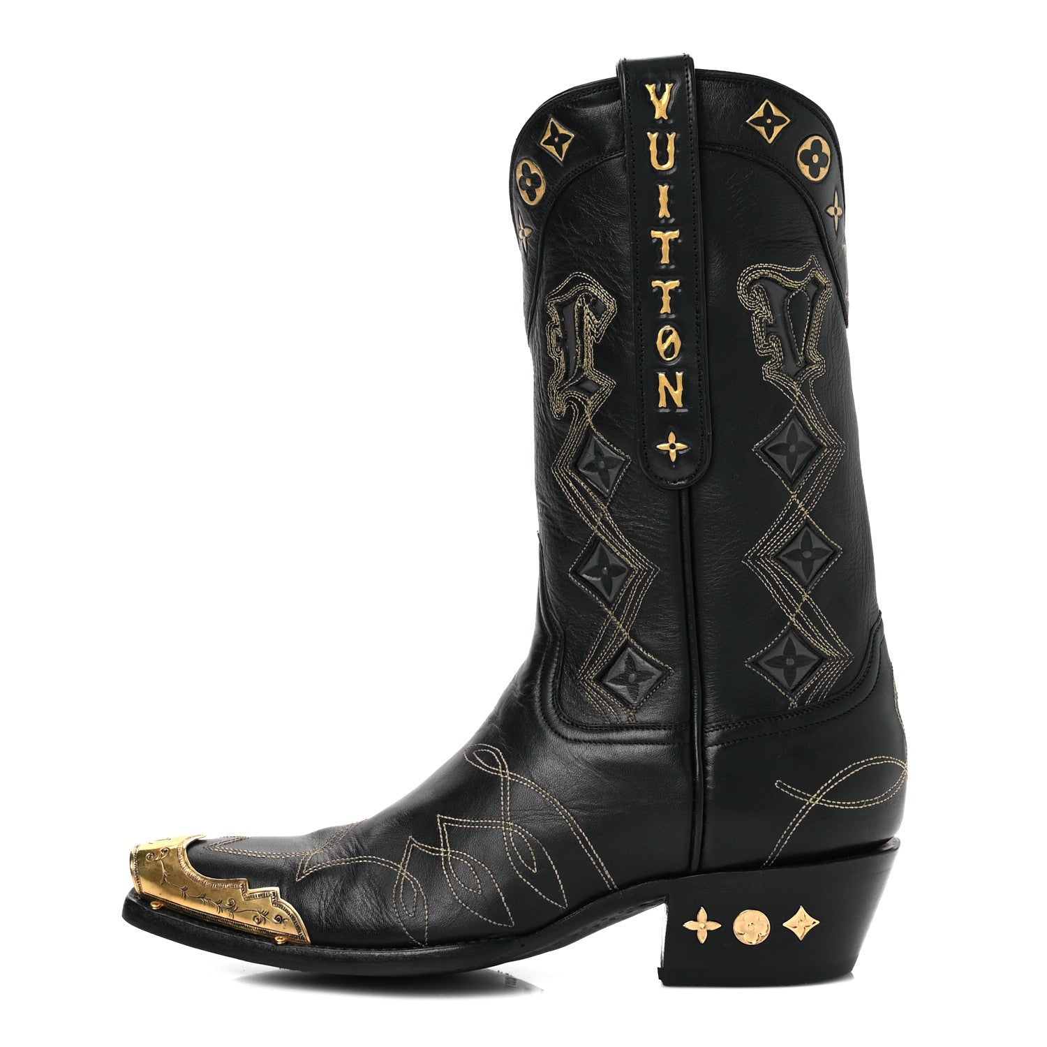 Louis Vuitton Calfskin LV Texan Mens Rider Boots 7.5 Black Gold