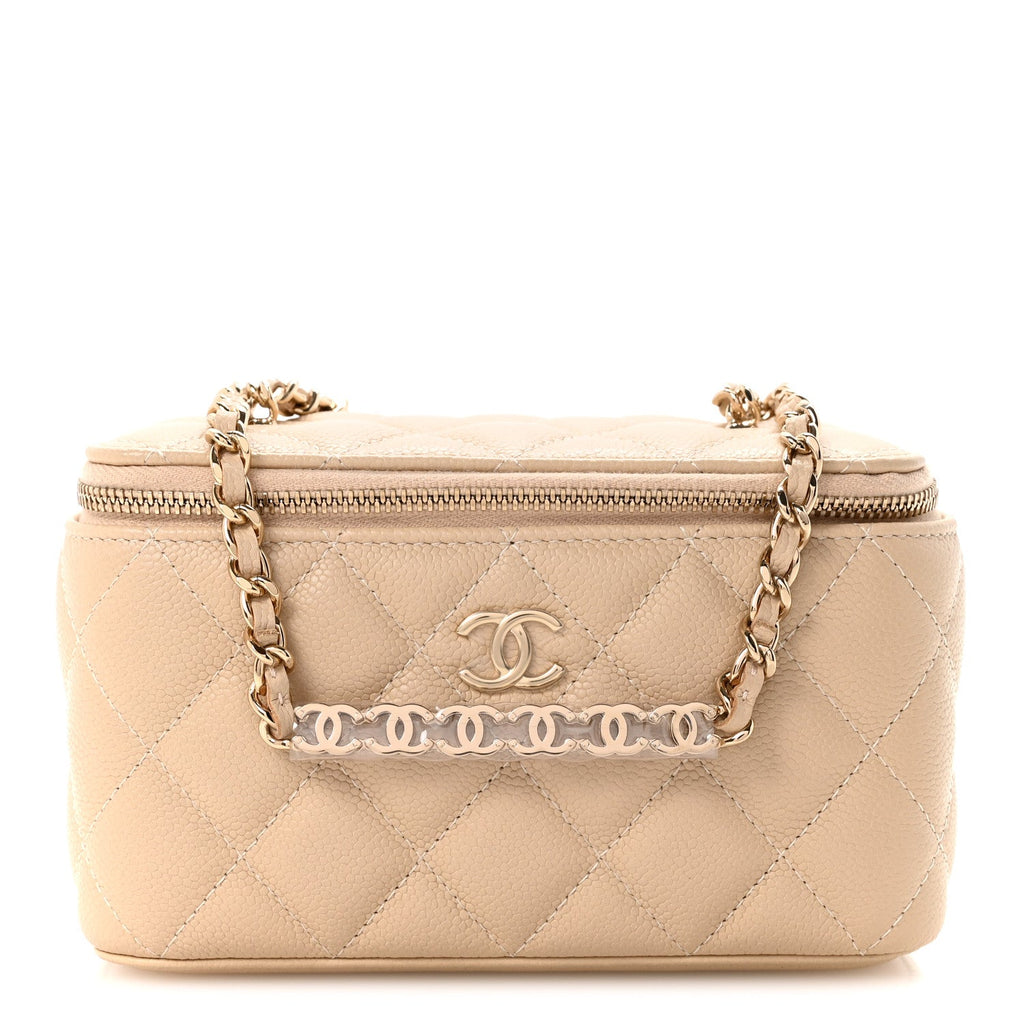 Chanel Caviar Quilted Small Tiny CC Vanity Case With Chain Beige