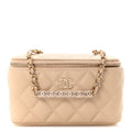 Chanel Caviar Quilted Small Tiny CC Vanity Case With Chain Beige