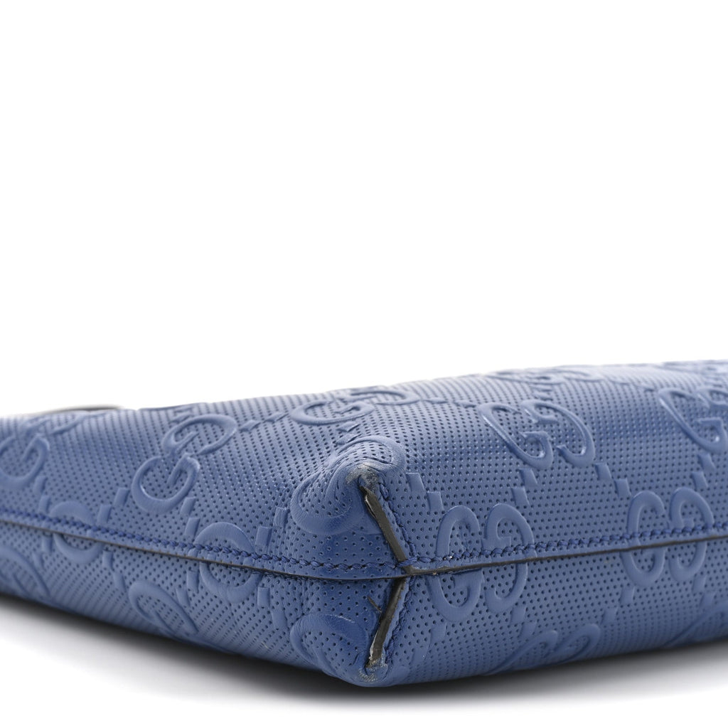 Gucci Calfskin GG Tennis Embossed Medium Wristlet Messenger Bag Intense Metal Blue