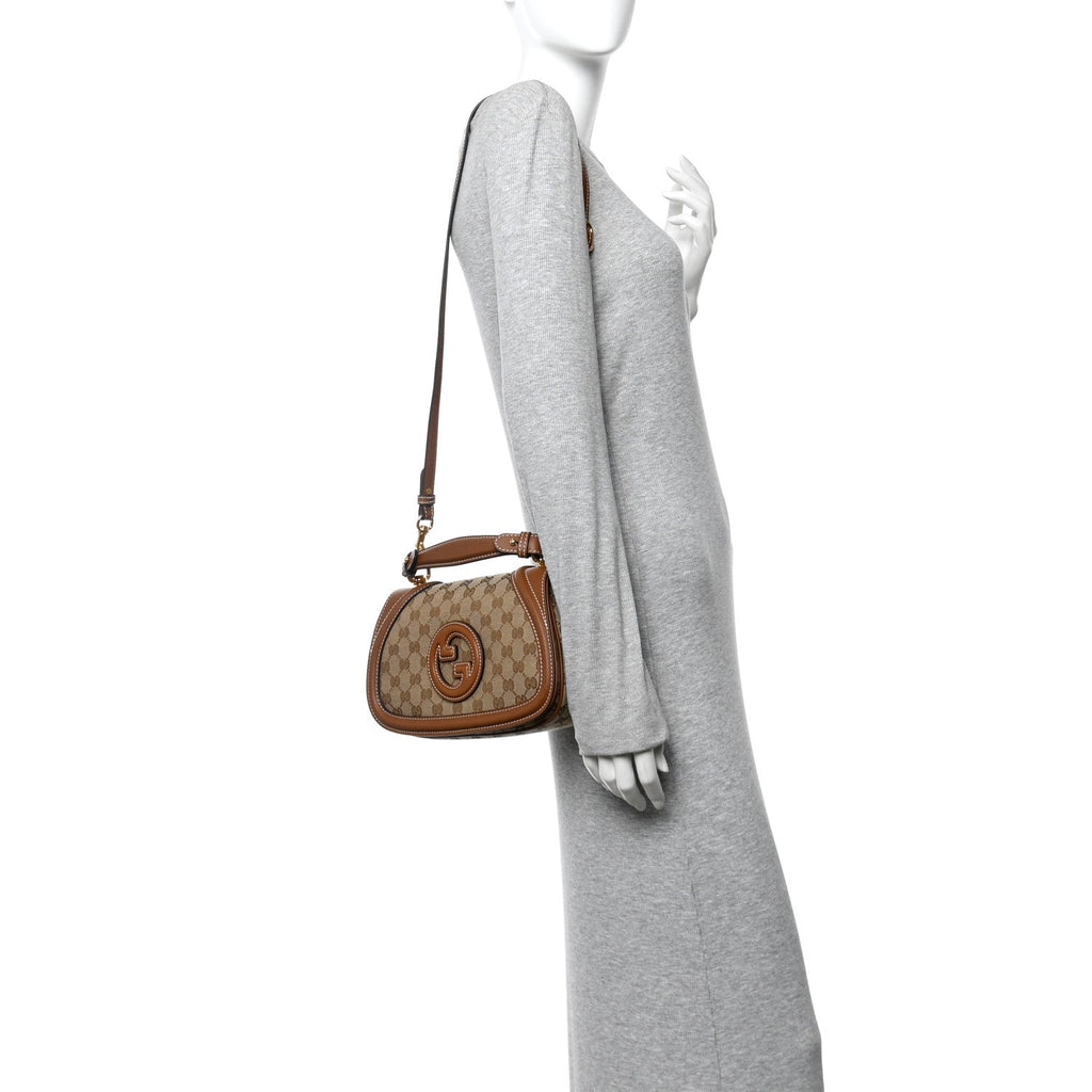 Gucci GG Monogram Calfskin Medium Blondie Top Handle Bag Beige Dark Brown