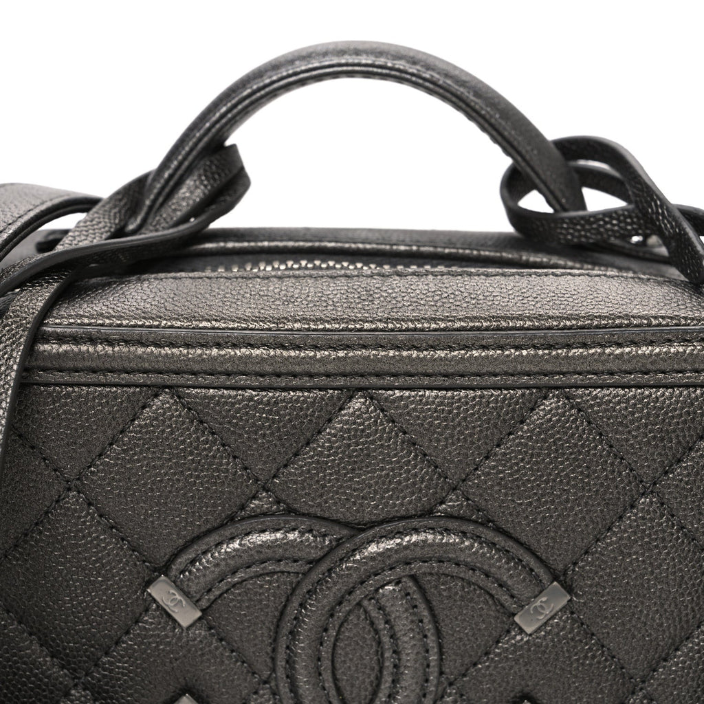 Chanel Metallic Caviar Quilted Small CC Filigree Vanity Case Dark Silver