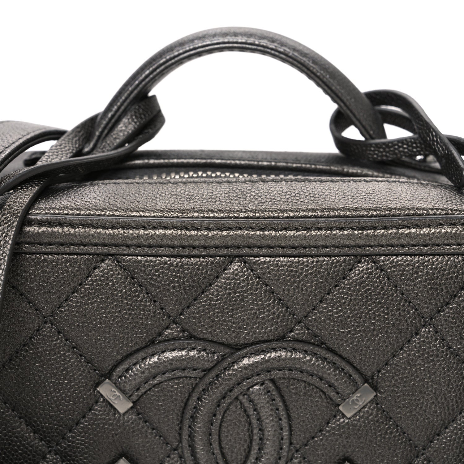 Chanel Metallic Caviar Quilted Small CC Filigree Vanity Case Dark Silver