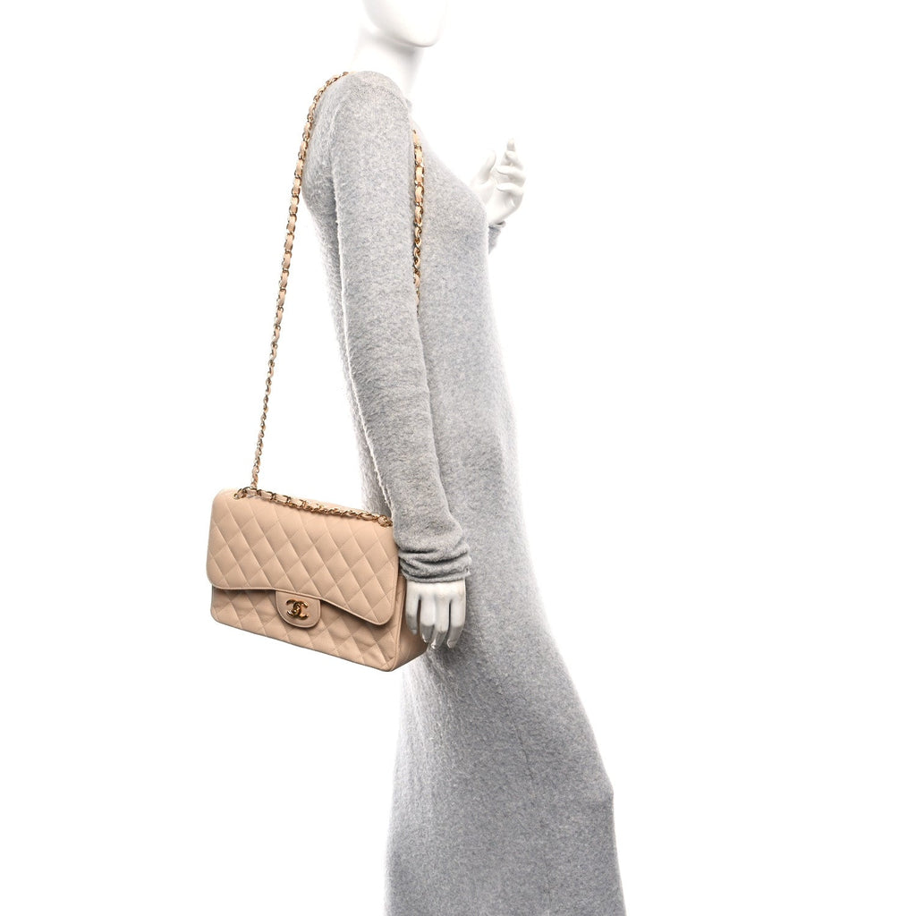 Chanel Caviar Quilted Jumbo Double Flap Beige