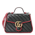 Gucci Vintage Effect Calfskin Matelasse Diagonal Mini Torchon GG Marmont Top Handle Shoulder Bag Black Romantic Cherry