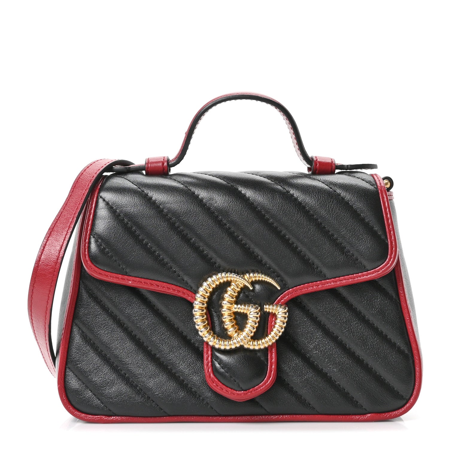 Gucci Vintage Effect Calfskin Matelasse Diagonal Mini Torchon GG Marmont Top Handle Shoulder Bag Black Romantic Cherry