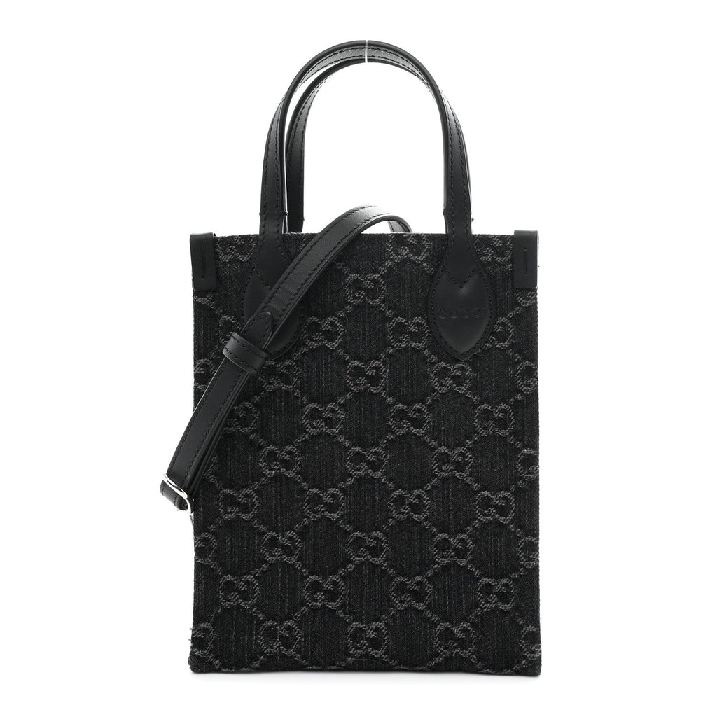 Gucci Denim Cuoio Harness GG Monogram Mini Ophidia Tote Bag Black Medium Grey