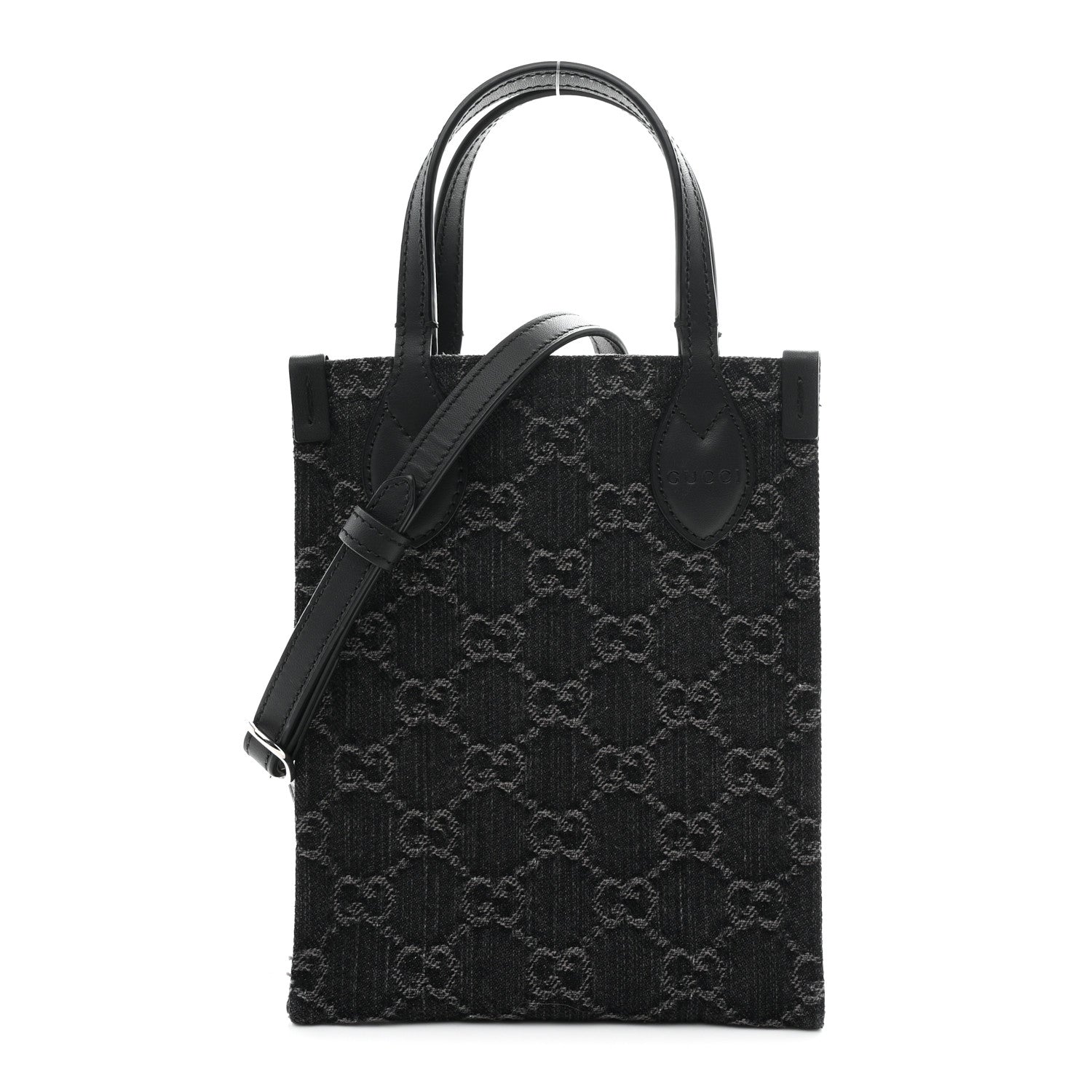 Gucci Denim Cuoio Harness GG Monogram Mini Ophidia Tote Bag Black Medium Grey