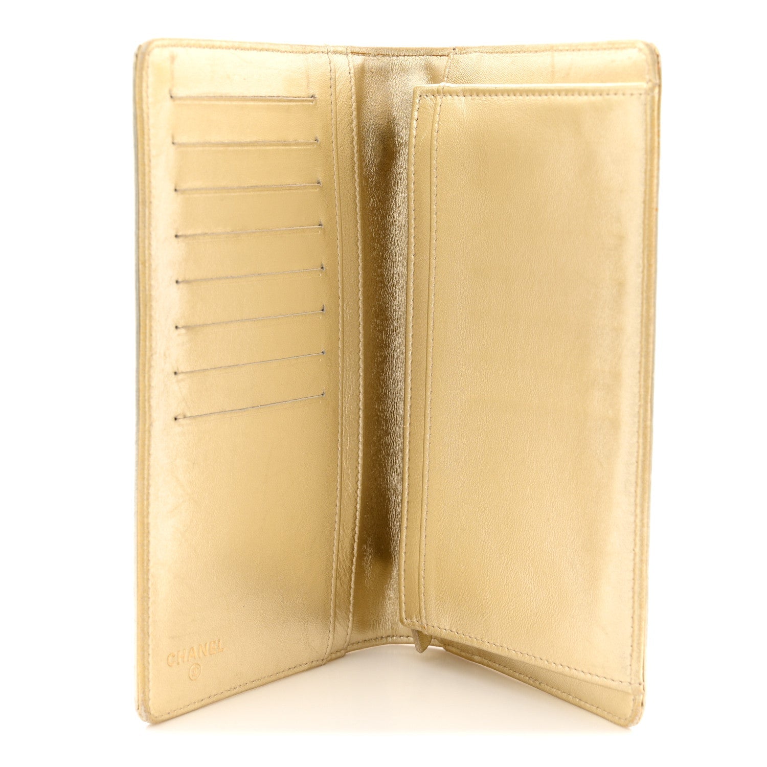 Metallic Patent Calfskin Quilted Lucky Symbols Yen Wallet Gold