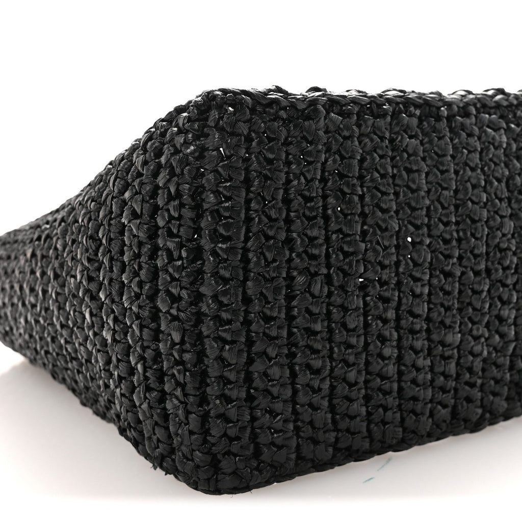 Prada Yarn Raffia Effect Crochet Logo Embroidered Small Tote Bag Black