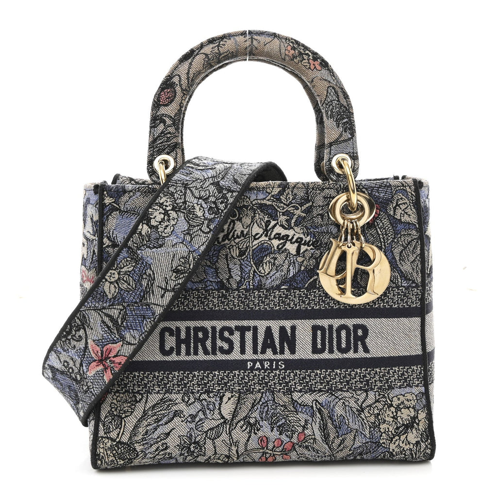 Christian Dior Canvas Embroidered Jardin Magique Medium Lady D-Lite Denim Multicolor