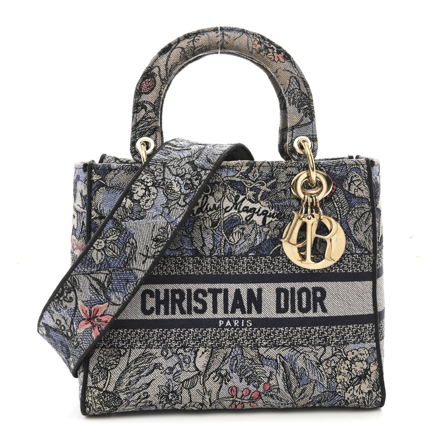 Christian Dior Canvas Embroidered Jardin Magique Medium Lady D-Lite Denim Multicolor