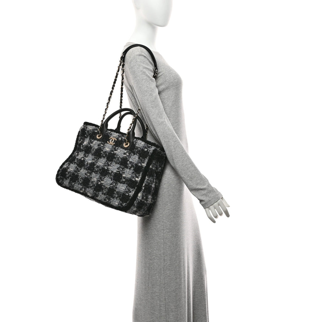 Chanel Tweed Shearling Quilted Lambskin Shopping Tote  Black Grey