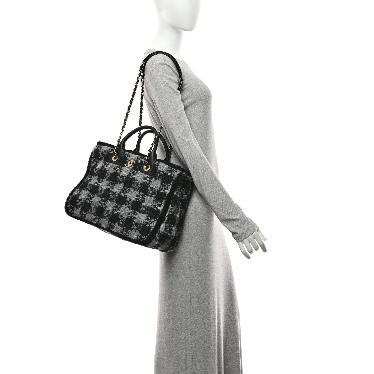 Chanel Tweed Shearling Quilted Lambskin Shopping Tote  Black Grey