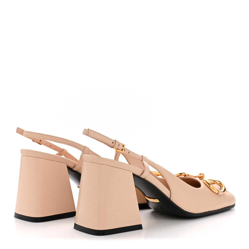Gucci Malaga Kid Horsebit 75mm Slingback Pumps 35.5 Skin Rose