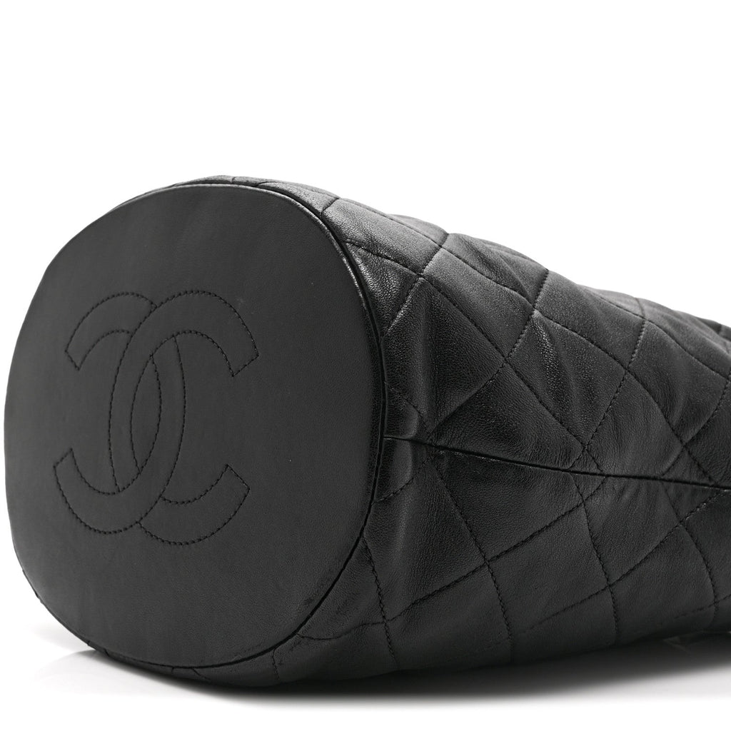Chanel Shiny Lambskin Quilted Small Chain Is More Drawstring Bag Black