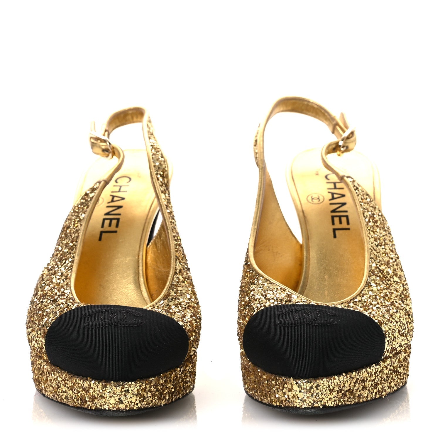 Glitter Grosgrain Cap Toe CC Slingback Pumps 38 Gold Black