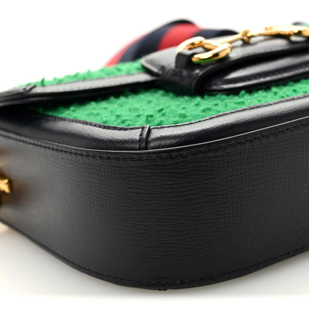 Gucci Casy Wool Azalea Calfskin Mini Horsebit 1955 Shoulder Bag Deep Emerald Blue