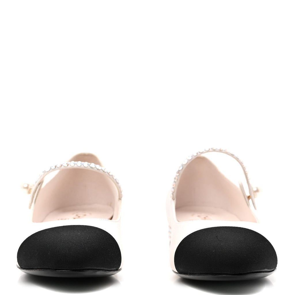 Chanel Strass Satin Grosgrain Mary Jane Flats 38 Ivory Black