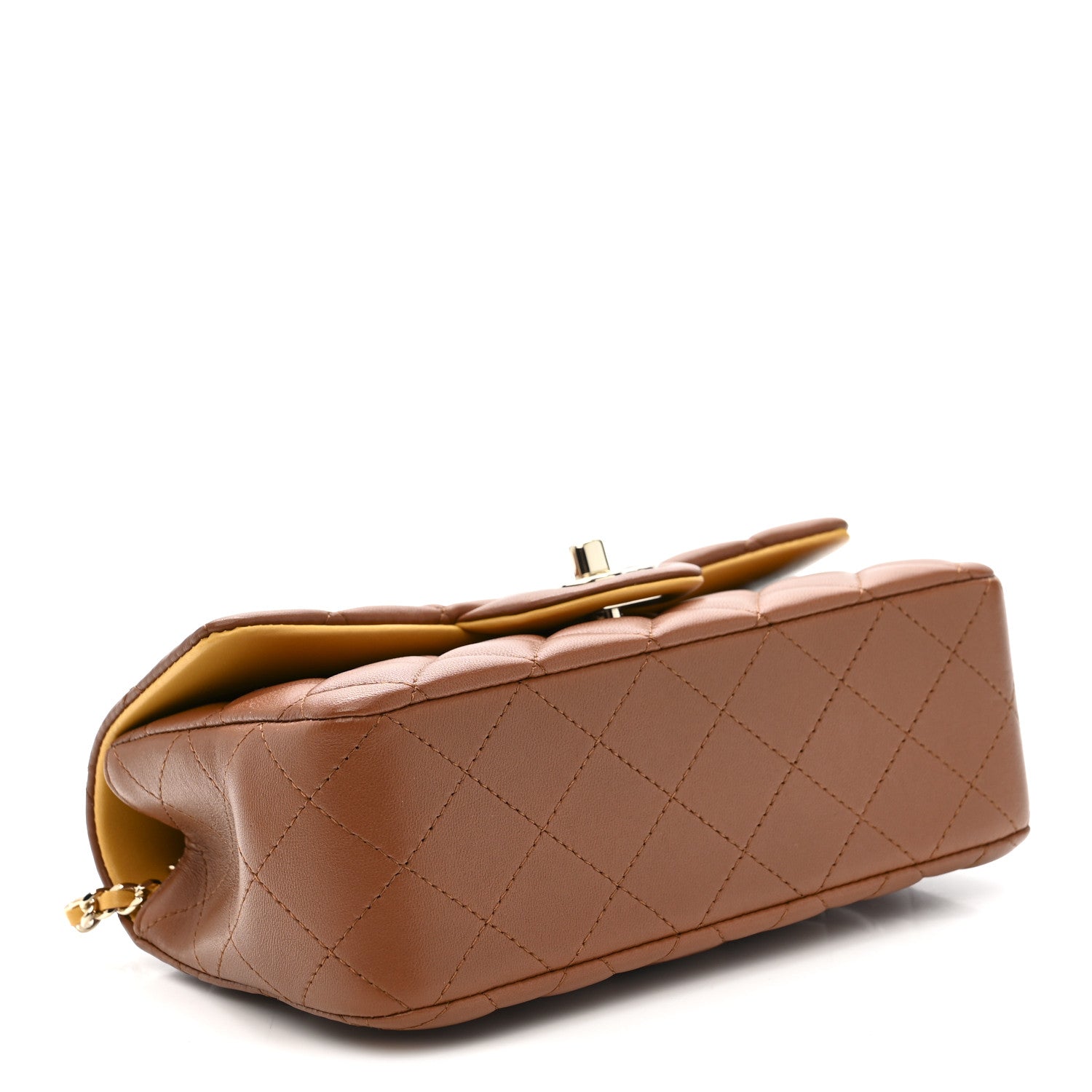 Chanel Lambskin Quilted Bi-Color Mini Top Handle Rectangular Flap Light Brown Yellow
