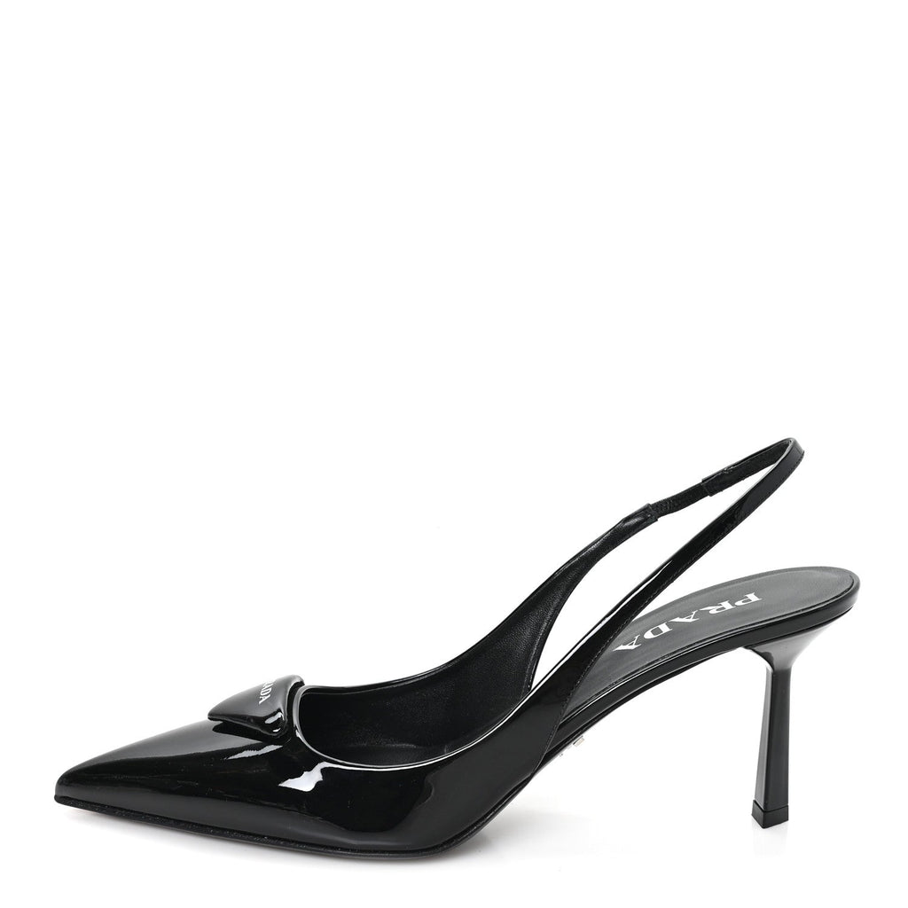 Prada Vernice Logo Pointed Toe Slingback Pumps 40 Black
