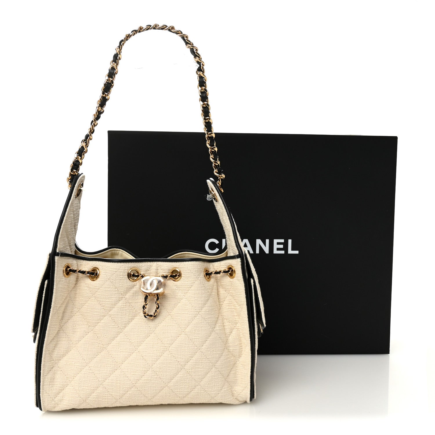 Chanel Braided Raffia Calfskin Quilted Small Chanel 25 Handbag White Black