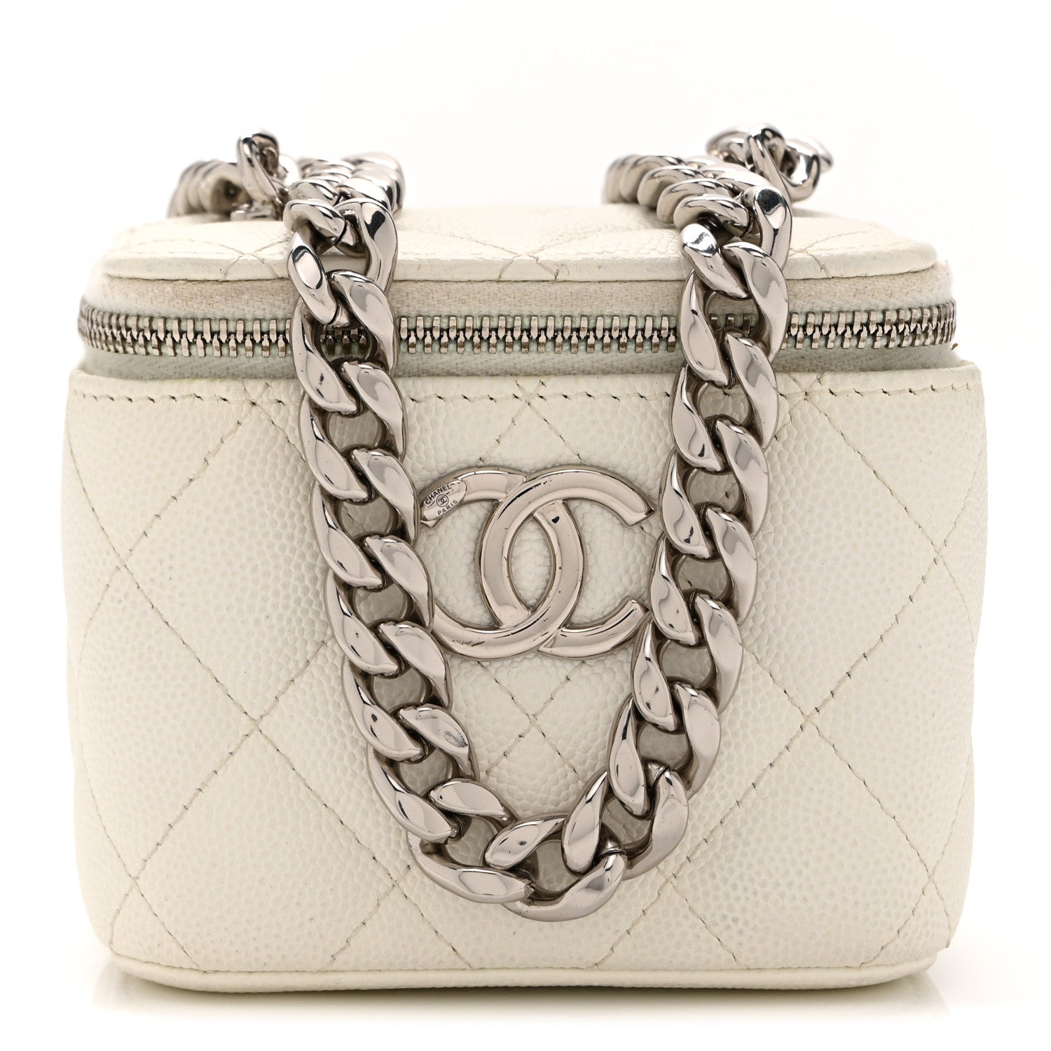 Chanel Caviar Quilted Enamel Coco Mini Vanity Case With Chain White