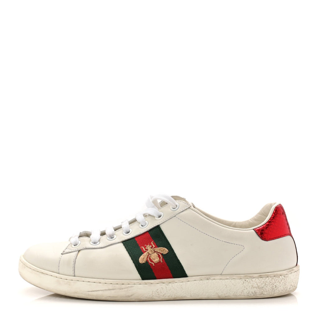 Gucci Calfskin Ayers Bee Embroidered Womens Ace Sneakers 39.5 White Green