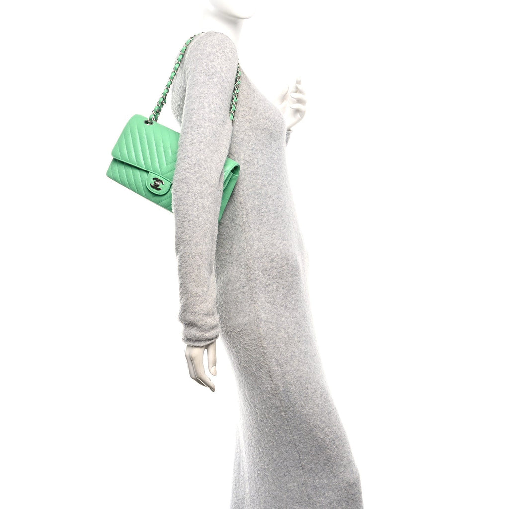 Chanel Caviar Chevron Quilted Medium Double Flap Green
