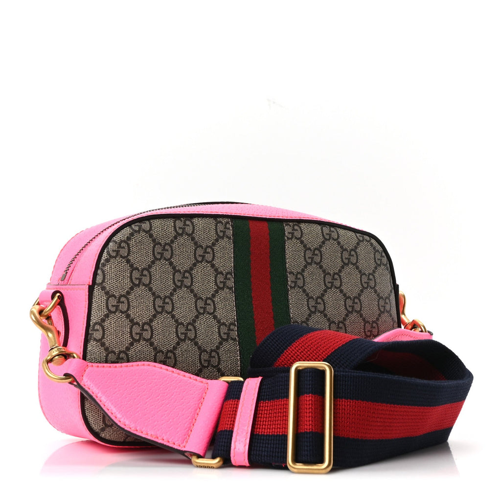 Gucci GG Supreme Monogram Textured Dollar Calfskin Web Ophidia Small Crossbody Bag Beige Ebony Fuchsia
