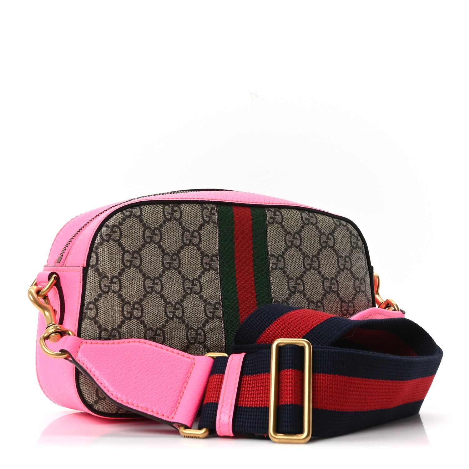 Gucci GG Supreme Monogram Textured Dollar Calfskin Web Ophidia Small Crossbody Bag Beige Ebony Fuchsia