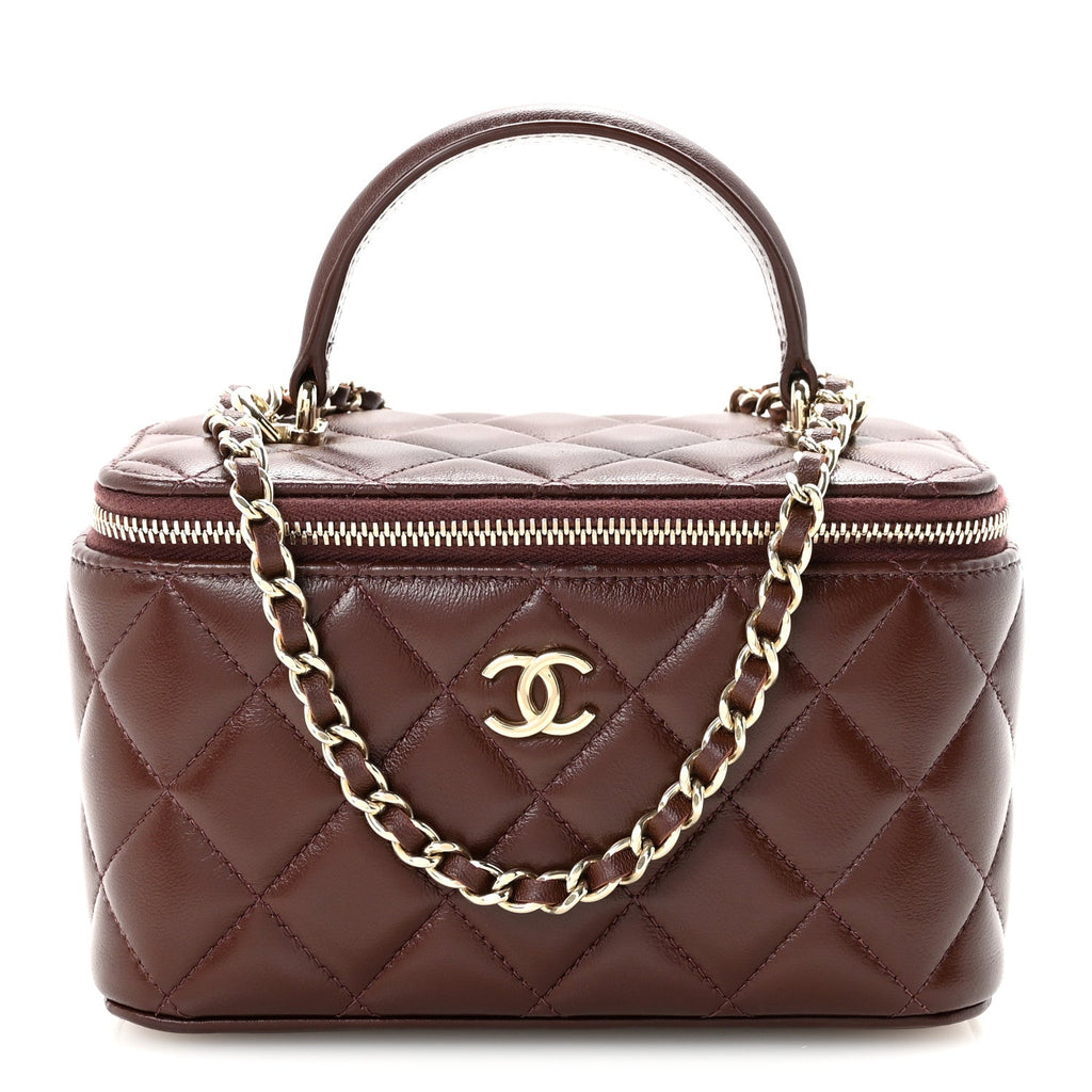 Chanel Lambskin Quilted Small Top Handle Vanity Case With Chain Dark Brown