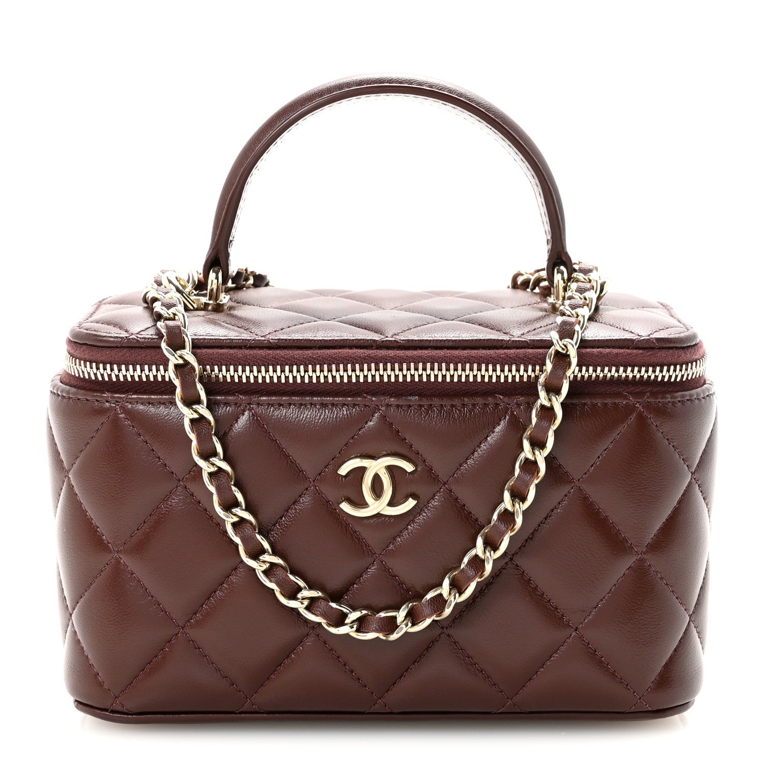 Chanel Lambskin Quilted Small Top Handle Vanity Case With Chain Dark Brown