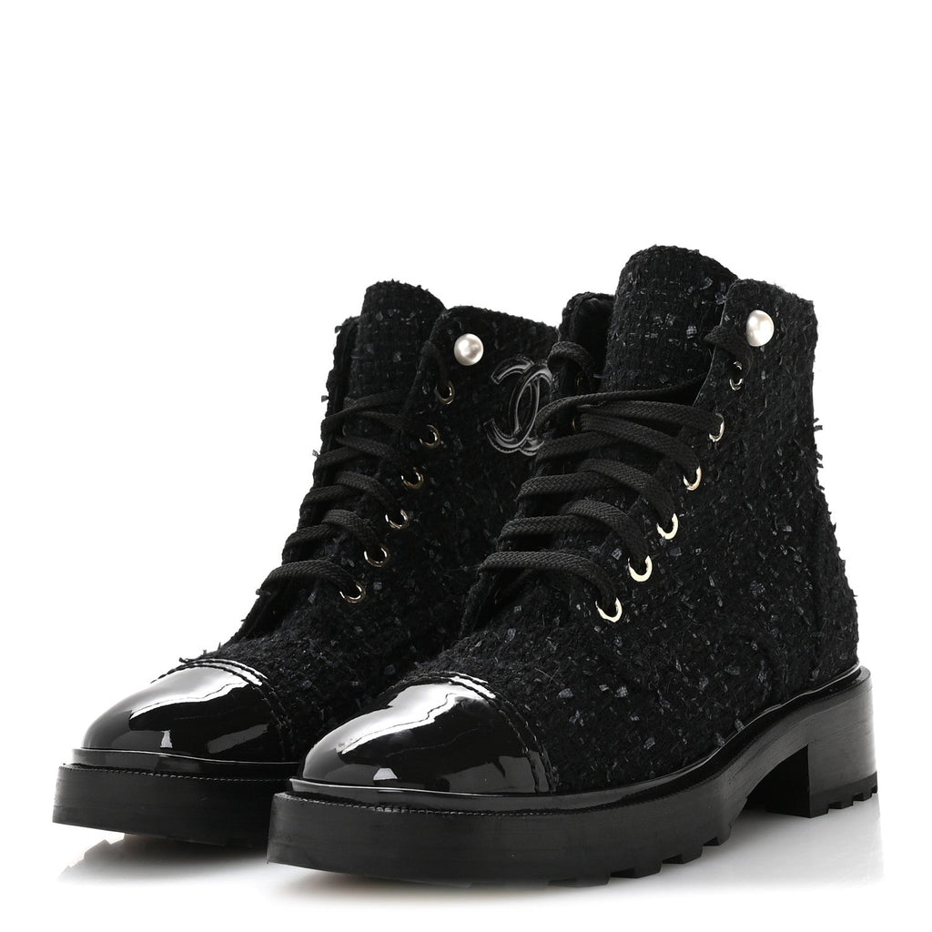 Chanel Tweed Patent Calfskin Pearl Combat Short Boots 37  Black Grey Blue